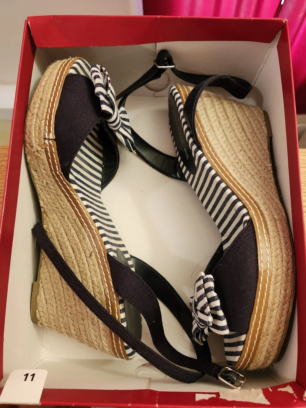 American Age Blue & White Striped Wedge Sandals with Bow